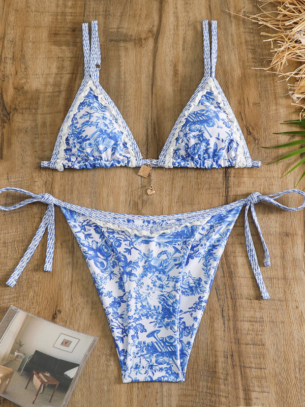 Women's lace suspenders sexy lace-up two-piece bikini