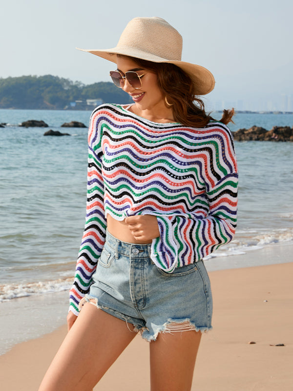New patchwork round neck striped bikini beach cover-up