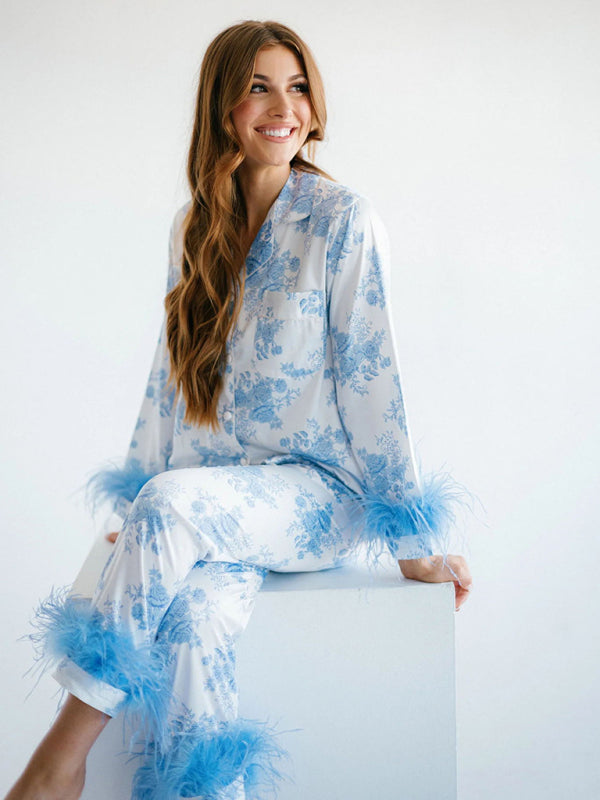 Women's New Satin Print Casual Suit Pajamas Home Clothes