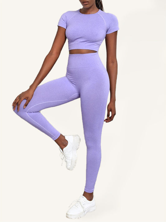 Women's Solid Color Seamless Exercise Yoga Short Sleeve + Pants Two-Piece Suit